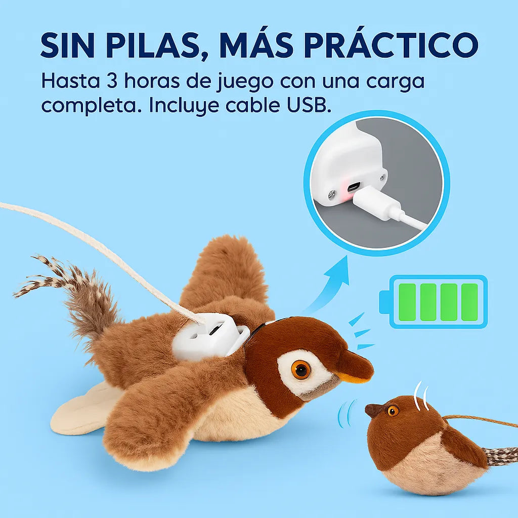 Juguete Gatos Pajaro Peluche Electrico Recargable Sonido