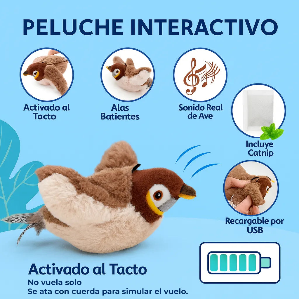 Juguete Gatos Pajaro Peluche Electrico Recargable Sonido